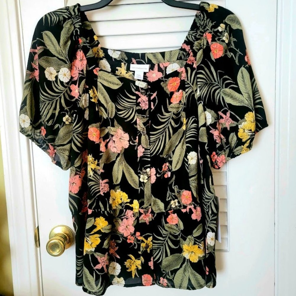 NEW Liz Claiborne Black Floral Square Neck Peplum Top Petite PXXL